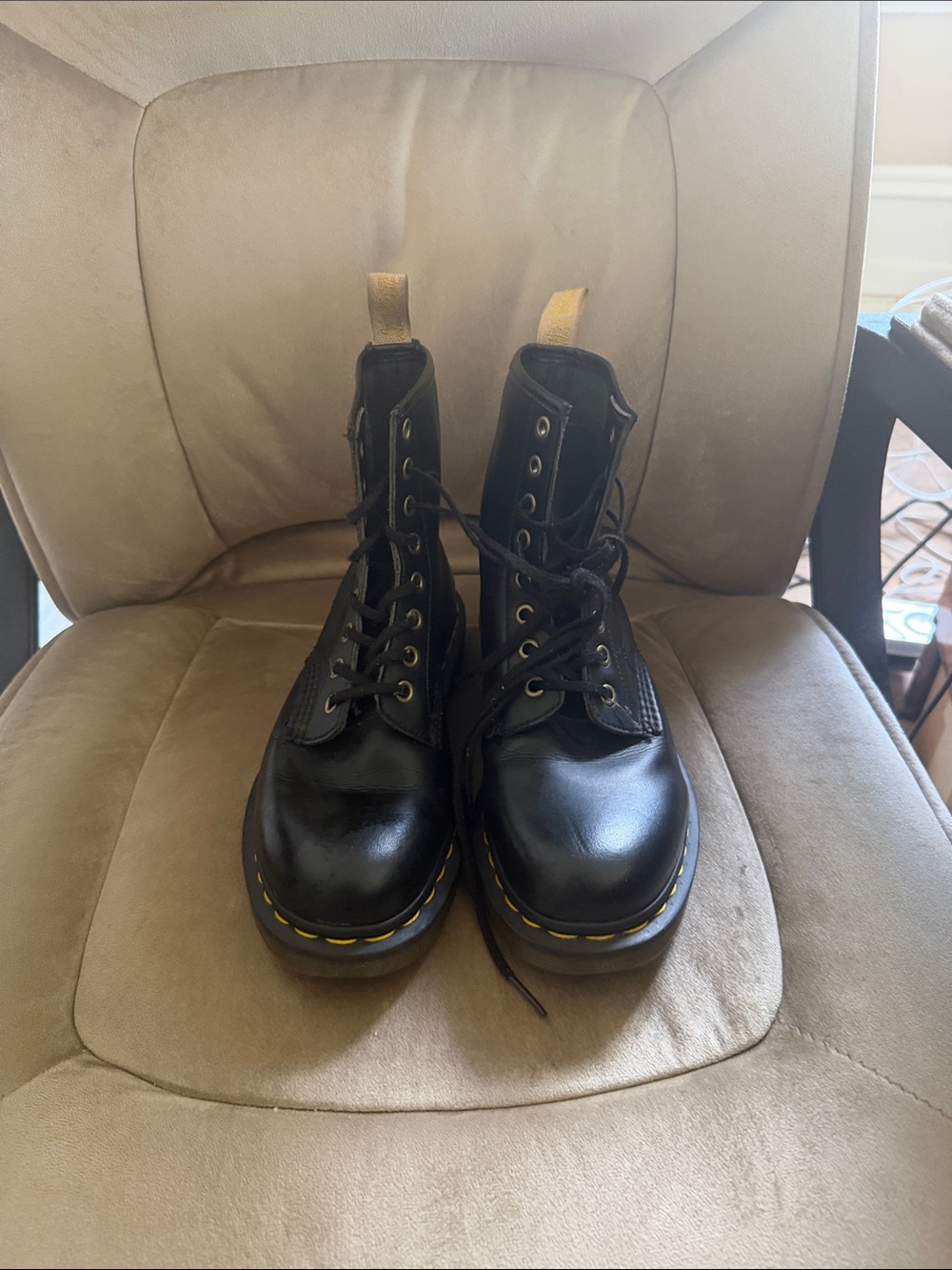 Doc Martins Black Lace-Up Combat Boots with Yellow Stitching - Women